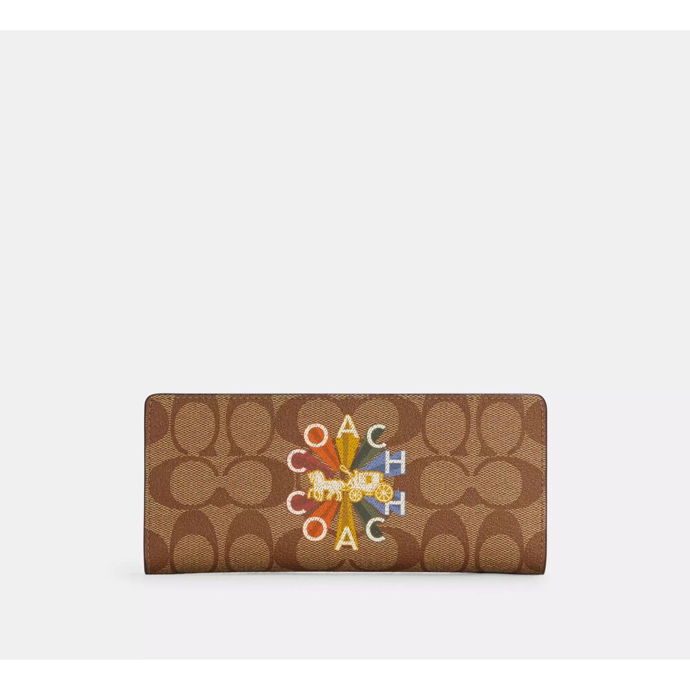 Coach Slim Wallet In Signature Canvas With Coach Radial Rainbow EUC